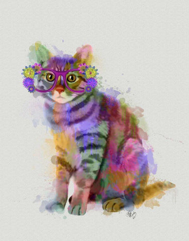 Cat Rainbow Splash 7 White Modern Wood Framed Art Print with Double Matting by Fab Funky