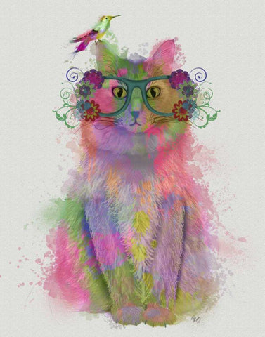 Cat Rainbow Splash 8 White Modern Wood Framed Art Print with Double Matting by Fab Funky