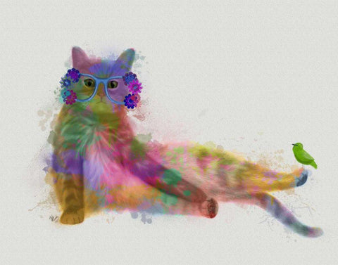 Cat Rainbow Splash 10 White Modern Wood Framed Art Print with Double Matting by Fab Funky