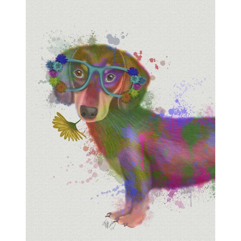 Dachshund And Glasses Rainbow Splash Gold Ornate Wood Framed Art Print with Double Matting by Fab Funky