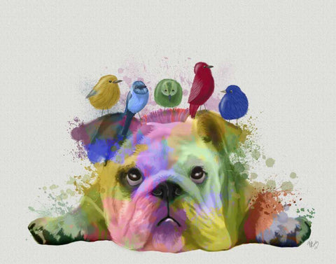 English Bulldog and Birds, Rainbow Splash Black Ornate Wood Framed Art Print with Double Matting by Fab Funky