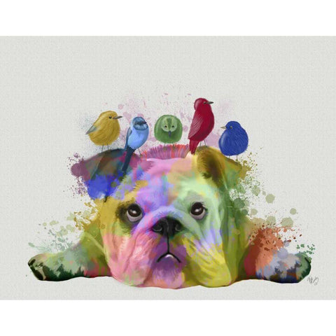 English Bulldog and Birds, Rainbow Splash Gold Ornate Wood Framed Art Print with Double Matting by Fab Funky