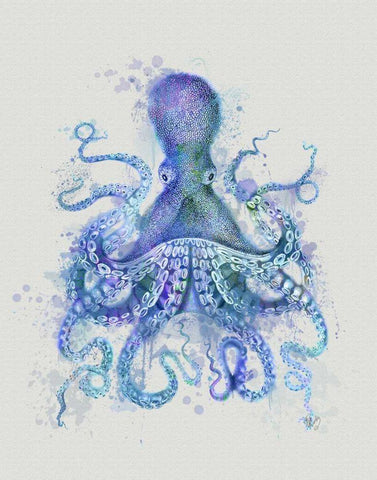 Octopus Rainbow Splash Blue White Modern Wood Framed Art Print with Double Matting by Fab Funky