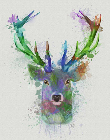 Deer Head 1 Rainbow Splash Blue and Green White Modern Wood Framed Art Print with Double Matting by Fab Funky