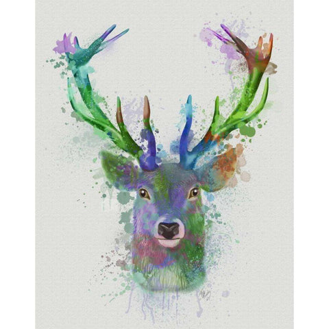 Deer Head 1 Rainbow Splash Blue and Green Black Modern Wood Framed Art Print with Double Matting by Fab Funky