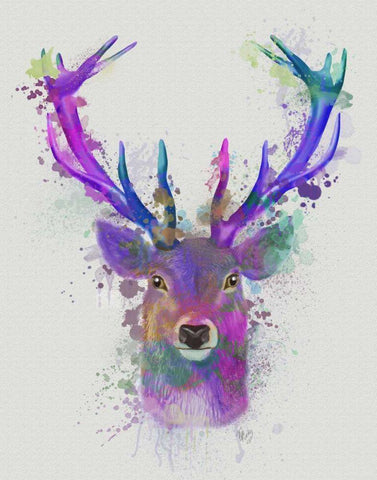 Deer Head 1 Rainbow Splash Pink and Purple White Modern Wood Framed Art Print with Double Matting by Fab Funky