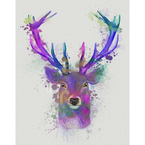 Deer Head 1 Rainbow Splash Pink and Purple White Modern Wood Framed Art Print by Fab Funky