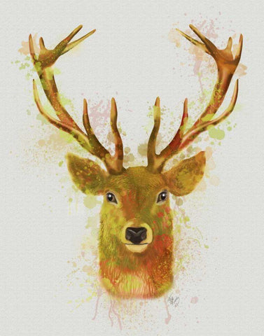 Deer Head 1 Rainbow Splash Red and Gold White Modern Wood Framed Art Print with Double Matting by Fab Funky