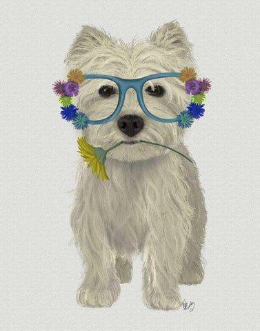 West Highland Terrier Flower Glasses White Modern Wood Framed Art Print with Double Matting by Fab Funky