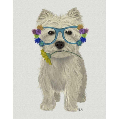 West Highland Terrier Flower Glasses White Modern Wood Framed Art Print by Fab Funky