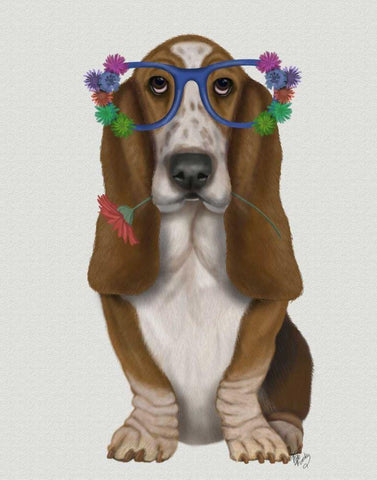 Basset Hound Flower Glasses Black Ornate Wood Framed Art Print with Double Matting by Fab Funky