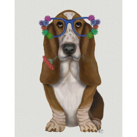 Basset Hound Flower Glasses Black Modern Wood Framed Art Print with Double Matting by Fab Funky