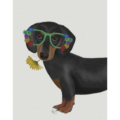 Dachshund Flower Glasses Black Modern Wood Framed Art Print with Double Matting by Fab Funky