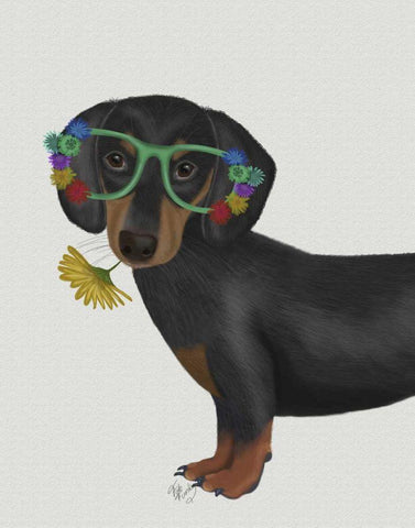 Dachshund Flower Glasses Black Ornate Wood Framed Art Print with Double Matting by Fab Funky