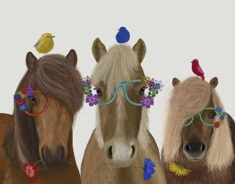 Horse Trio with Flower Glasses White Modern Wood Framed Art Print with Double Matting by Fab Funky