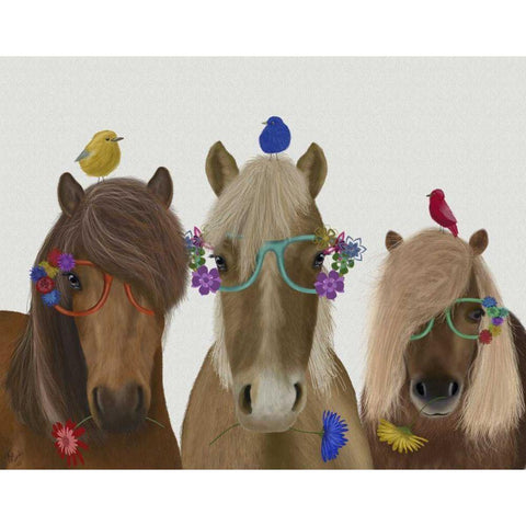 Horse Trio with Flower Glasses Black Modern Wood Framed Art Print by Fab Funky