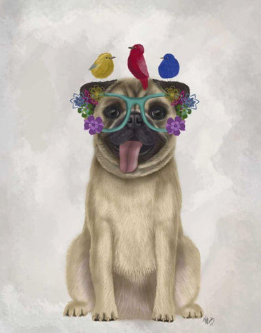 Pug and Flower Glasses Black Ornate Wood Framed Art Print with Double Matting by Fab Funky