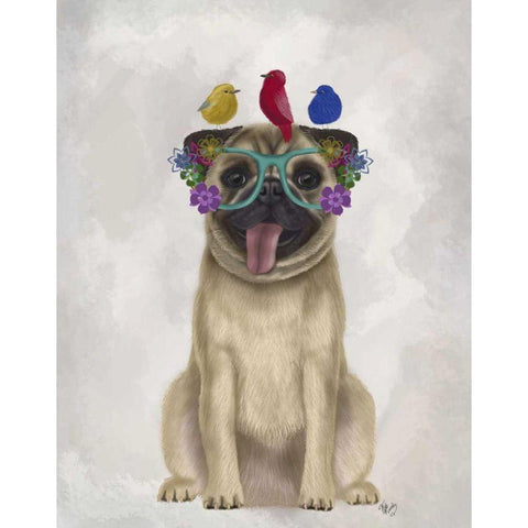 Pug and Flower Glasses Gold Ornate Wood Framed Art Print with Double Matting by Fab Funky