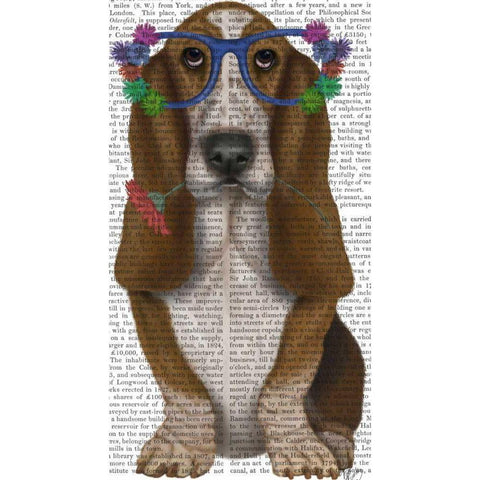 Basset Hound Flower Glasses White Modern Wood Framed Art Print by Fab Funky