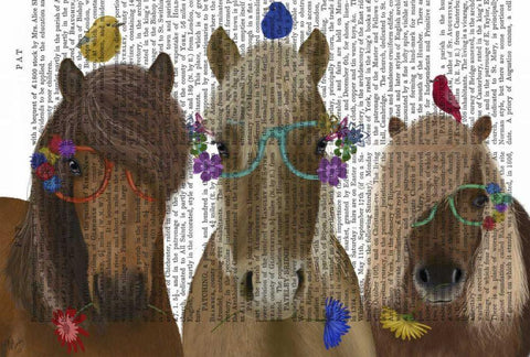 Horse Trio with Flower Glasses Black Ornate Wood Framed Art Print with Double Matting by Fab Funky