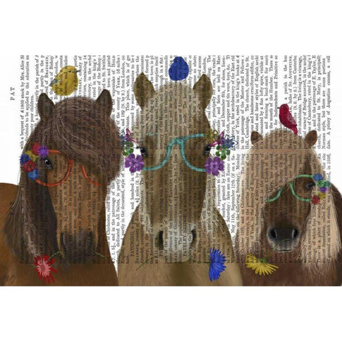 Horse Trio with Flower Glasses White Modern Wood Framed Art Print by Fab Funky