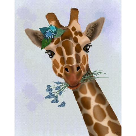 Chewing Giraffe 1 White Modern Wood Framed Art Print by Fab Funky