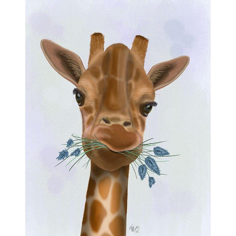 Chewing Giraffe 2 White Modern Wood Framed Art Print by Fab Funky