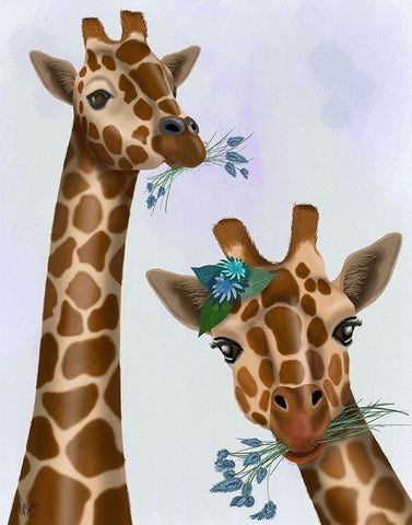 Chewing Giraffe Duo Black Ornate Wood Framed Art Print with Double Matting by Fab Funky