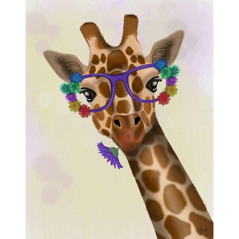 Giraffe and Flower Glasses 1 White Modern Wood Framed Art Print by Fab Funky