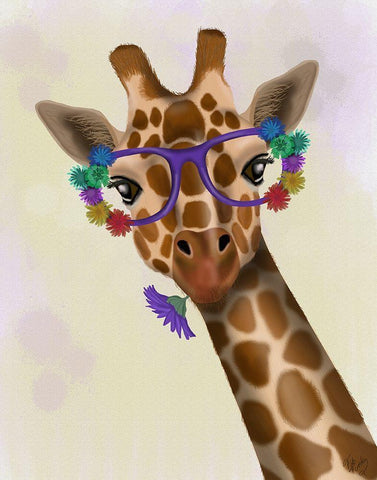 Giraffe and Flower Glasses 1 White Modern Wood Framed Art Print with Double Matting by Fab Funky