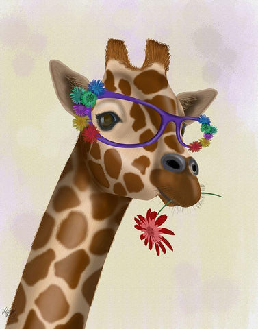 Giraffe and Flower Glasses 2 White Modern Wood Framed Art Print with Double Matting by Fab Funky