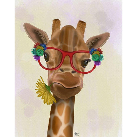 Giraffe and Flower Glasses 3 White Modern Wood Framed Art Print by Fab Funky