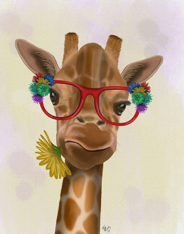 Giraffe and Flower Glasses 3 White Modern Wood Framed Art Print with Double Matting by Fab Funky