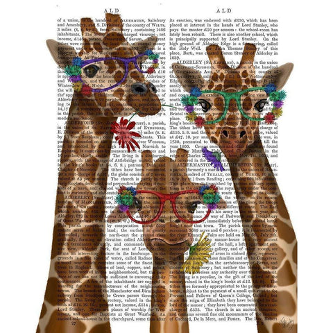 Giraffe and Flower Glasses, Trio White Modern Wood Framed Art Print by Fab Funky