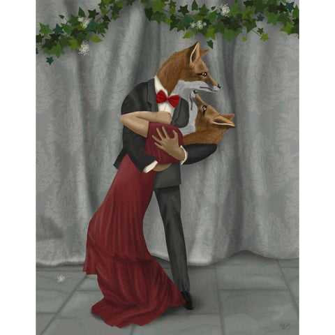 Foxes Romantic Dancers Black Modern Wood Framed Art Print with Double Matting by Fab Funky
