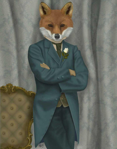 Fox Victorian Gentleman Portrait White Modern Wood Framed Art Print with Double Matting by Fab Funky