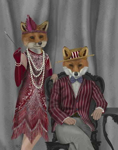 Fox Couple 1920s White Modern Wood Framed Art Print with Double Matting by Fab Funky