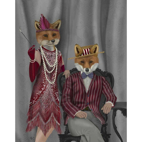 Fox Couple 1920s Gold Ornate Wood Framed Art Print with Double Matting by Fab Funky