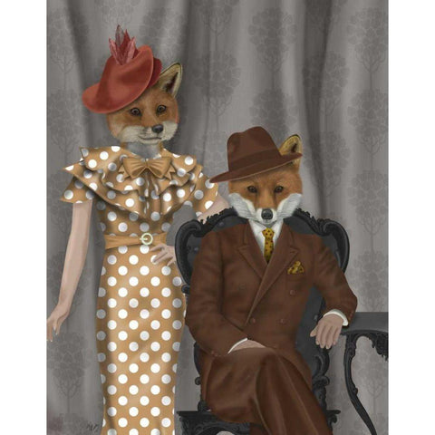 Fox Couple 1930s Gold Ornate Wood Framed Art Print with Double Matting by Fab Funky