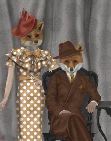 Fox Couple 1930s Black Ornate Wood Framed Art Print with Double Matting by Fab Funky
