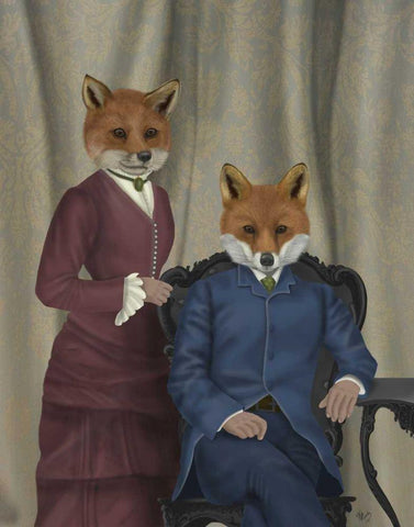 Fox Couple Edwardians White Modern Wood Framed Art Print with Double Matting by Fab Funky