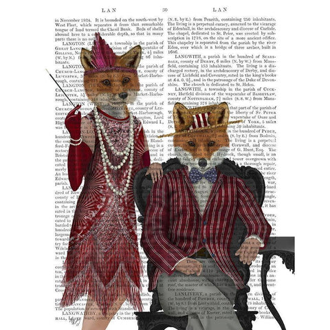 Fox Couple 1920s Black Modern Wood Framed Art Print with Double Matting by Fab Funky