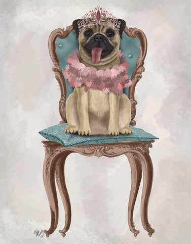 Pug Princess on Chair White Modern Wood Framed Art Print with Double Matting by Fab Funky