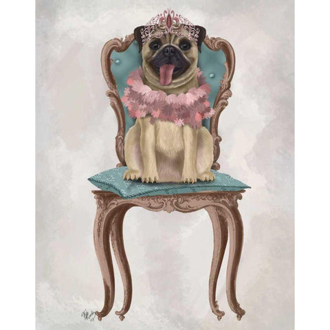 Pug Princess on Chair Gold Ornate Wood Framed Art Print with Double Matting by Fab Funky