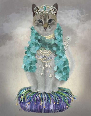 Grey Cat With Bells, Full White Modern Wood Framed Art Print with Double Matting by Fab Funky