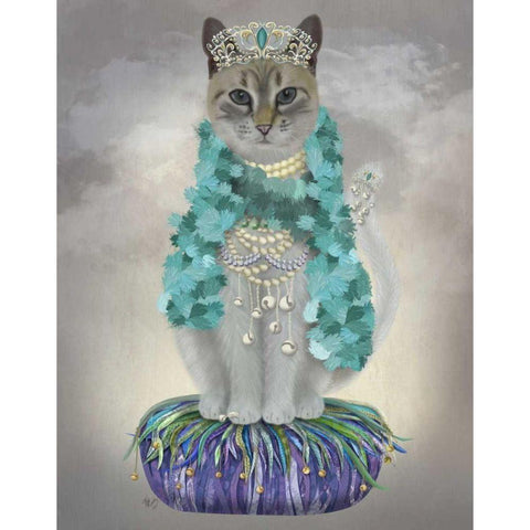 Grey Cat With Bells, Full White Modern Wood Framed Art Print by Fab Funky