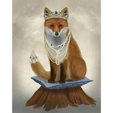 Fox with Tiara, Full Gold Ornate Wood Framed Art Print with Double Matting by Fab Funky