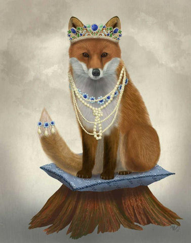 Fox with Tiara, Full Black Ornate Wood Framed Art Print with Double Matting by Fab Funky