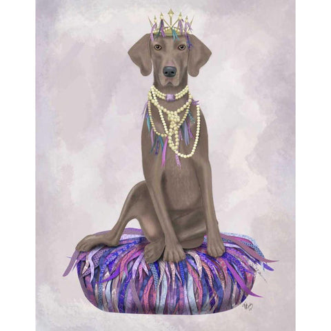 Weimaraner on Purple Cushion White Modern Wood Framed Art Print by Fab Funky