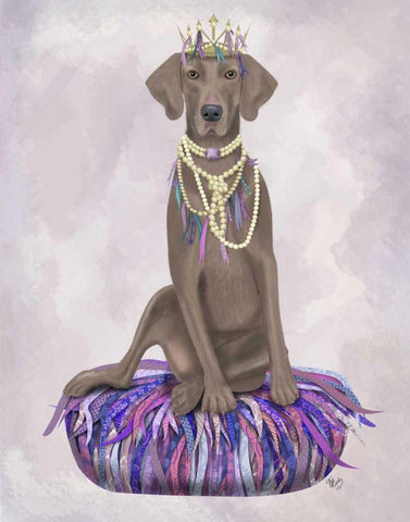 Weimaraner on Purple Cushion Black Ornate Wood Framed Art Print with Double Matting by Fab Funky